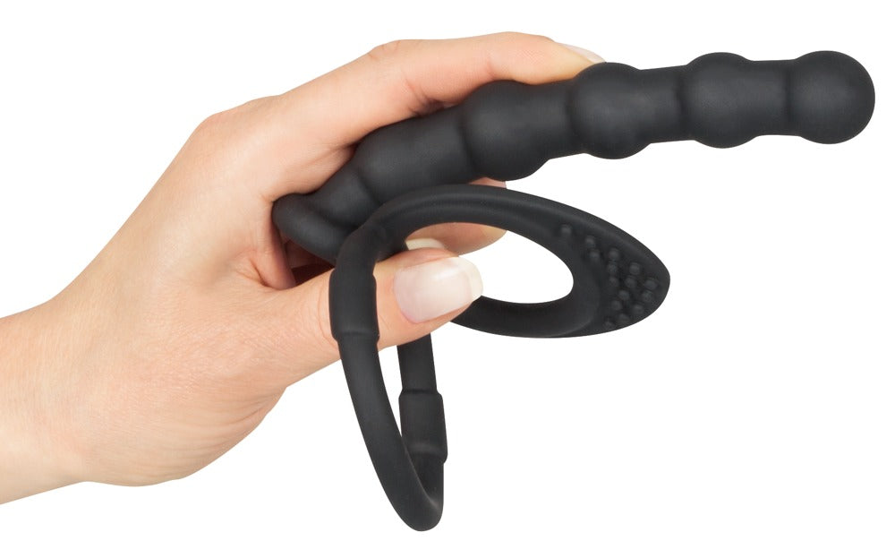Black Velvets Penis-/pungring med analkulestav