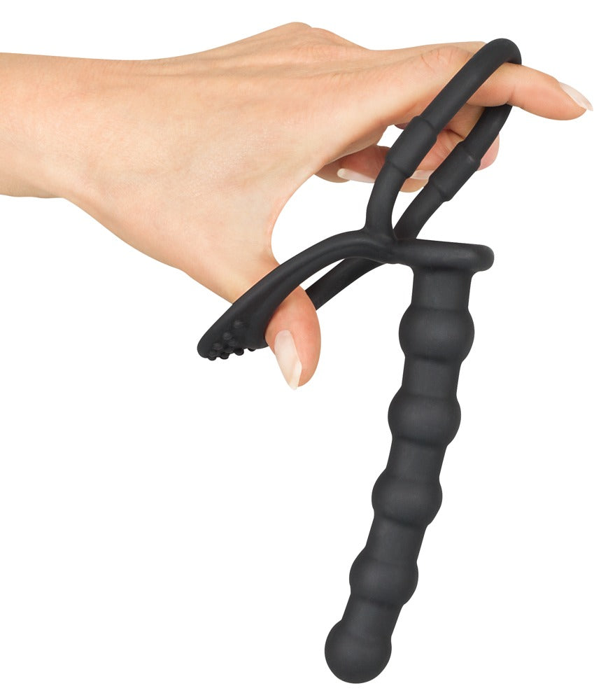 Black Velvets Penis-/pungring med analkulestav